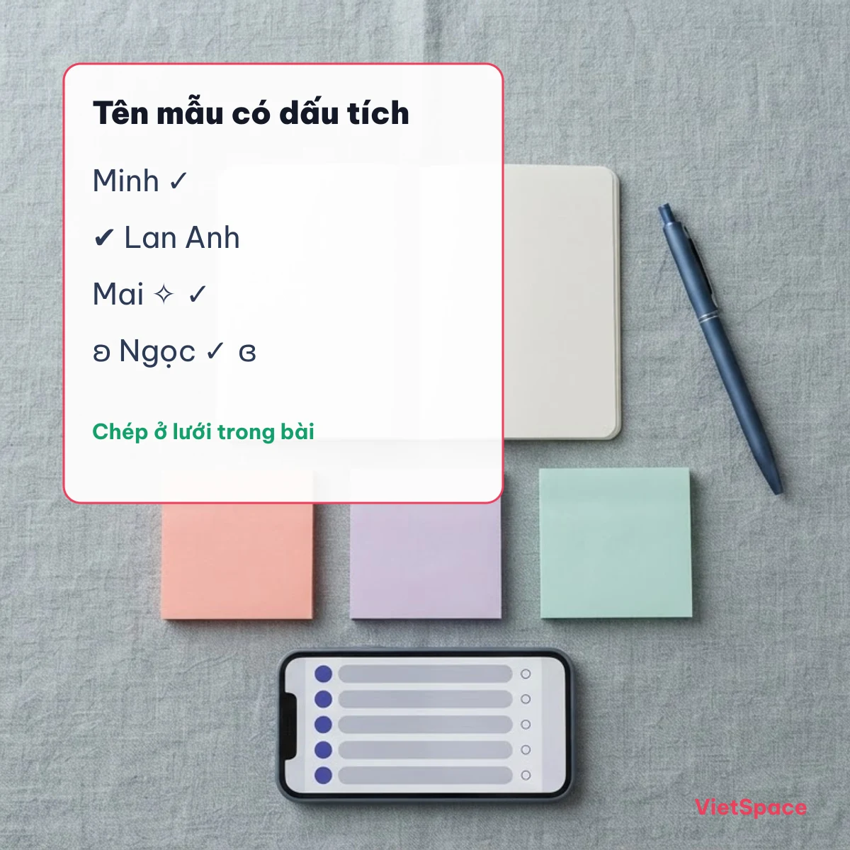 Tên mẫu có dấu tích như Minh, Lan Anh, Mai, Ngọc ghép kí tự tích để đặt tên