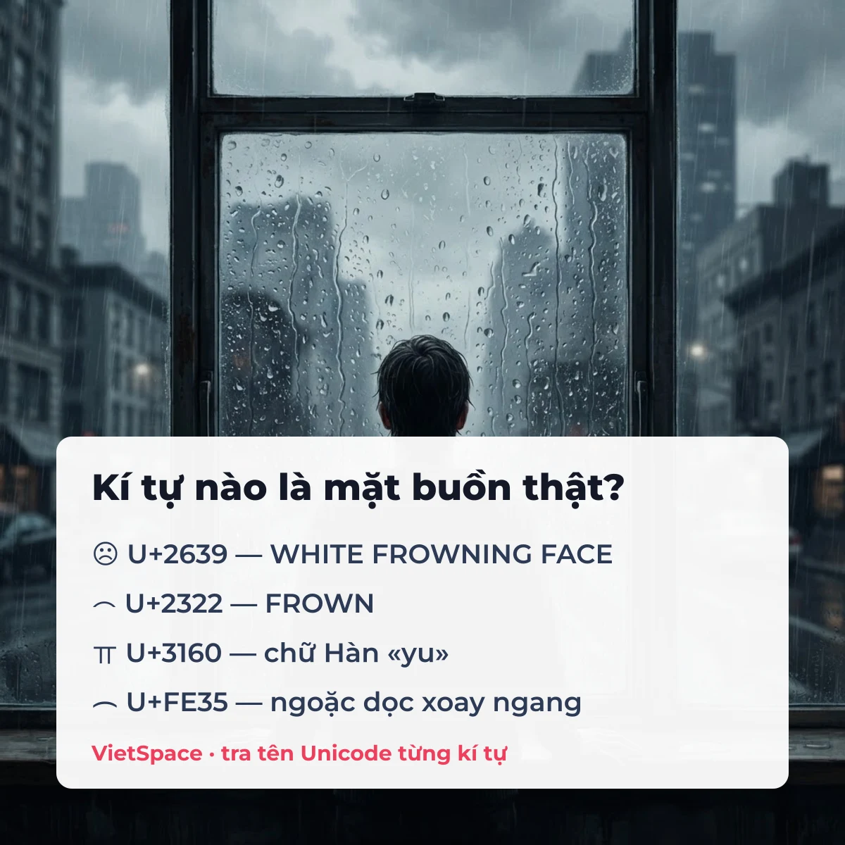 Bảng tên Unicode kí tự mặt buồn: WHITE FROWNING FACE U+2639, FROWN U+2322, chữ Hàn yu U+3160