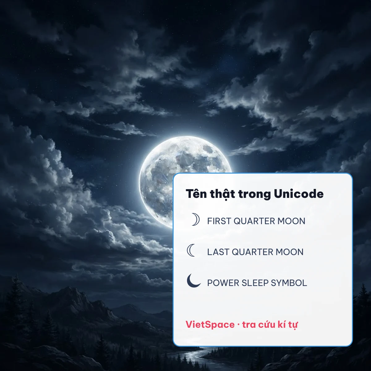 Tên thật trong Unicode của kí tự mặt trăng: FIRST QUARTER MOON, LAST QUARTER MOON, POWER SLEEP SYMBOL
