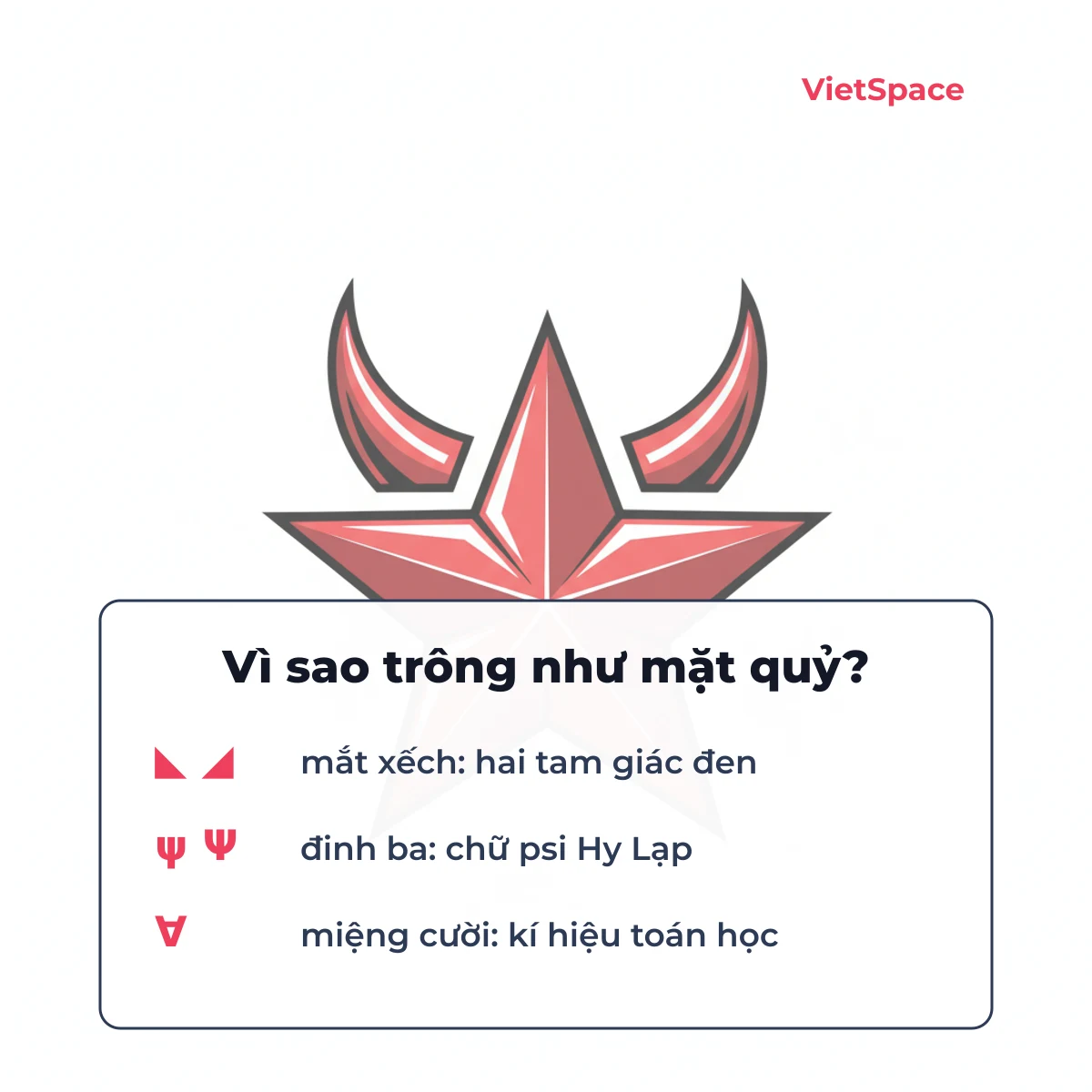 Vì sao kí tự trông như mặt quỷ: hai tam giác đen làm mắt xếch, chữ psi Hy Lạp làm đinh ba, kí hiệu toán học làm miệng cười